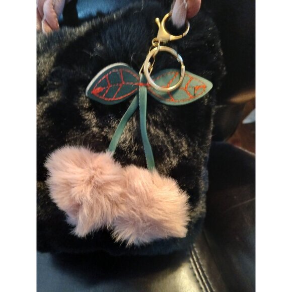 Plush BLACK Fur Bucket Bag Two PINK Pom Pom CHERRIES Fall School Trendy - Picture 9 of 12